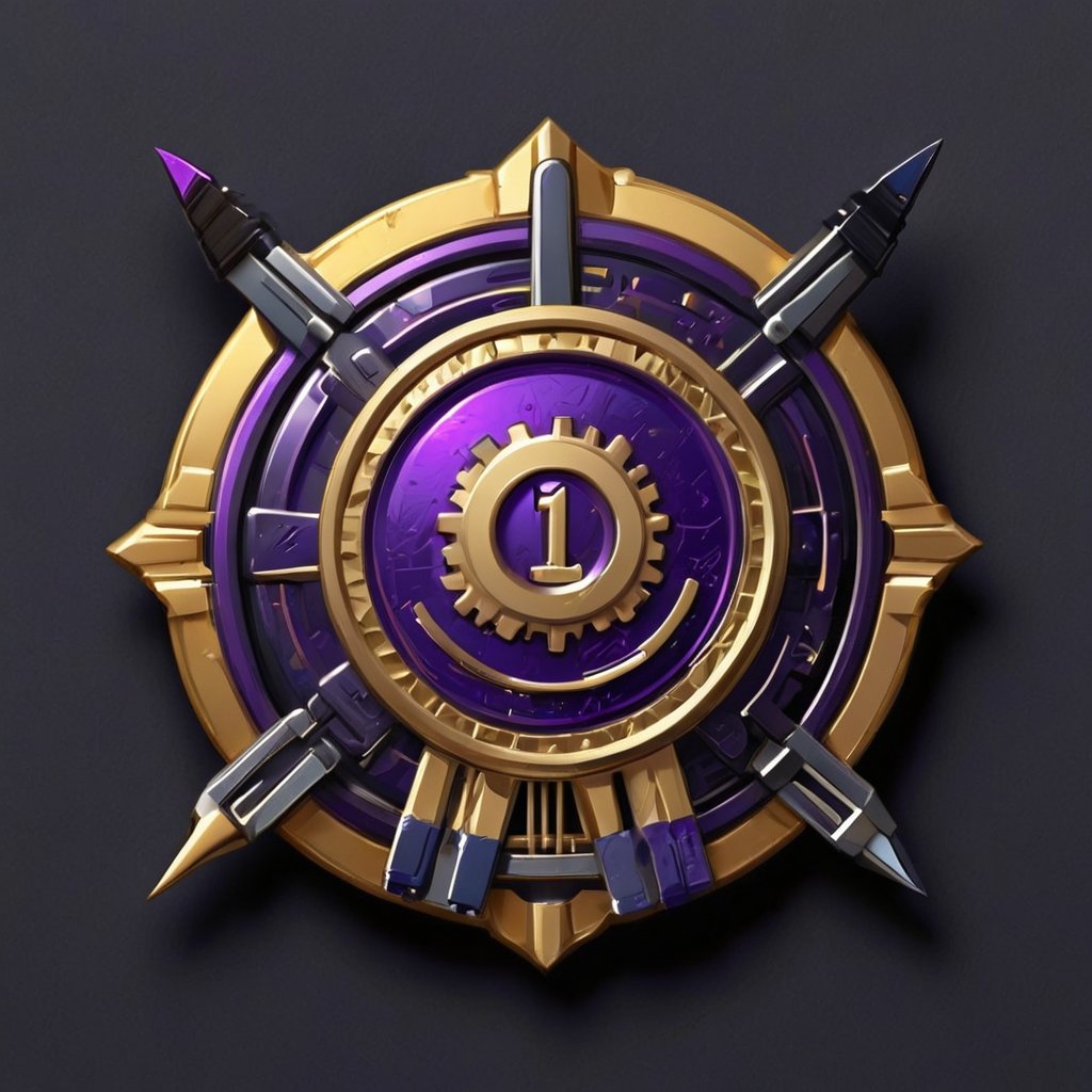 FuturEvoLabBadge. Premium golden and bright purple "1" badge with pencils, brushes and paints as well as circuits and mechanical tools. Dark black silken velvet background. Best quality score_9, with vivid colors in a minimalist flat vector style.