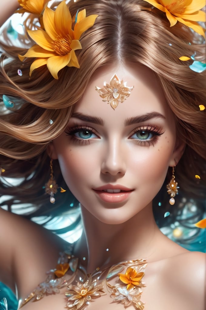 intricate Portrait of a jubilant beautiful woman with flowy hair , hyperdetailed face, hyperdetailed eyes, sharp focus on eyes, 8k UHD, work of beauty and inspiration, flowercore, alberto seveso style ,A girl dancing,  flower petals flying with the wind ,  glowing fractal art elements , hazel eyes, (nsfw, nude, thigh, slim body:1.3), sea, outdoor, standing, walking, big boobs,