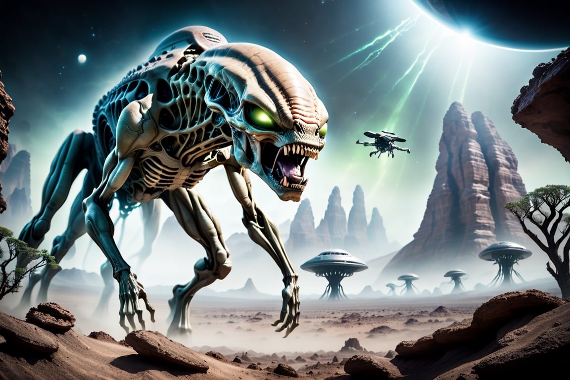 Imagine you are a professional wildlife photographer on an alien world. Capture an image of an alien apex predator that me...