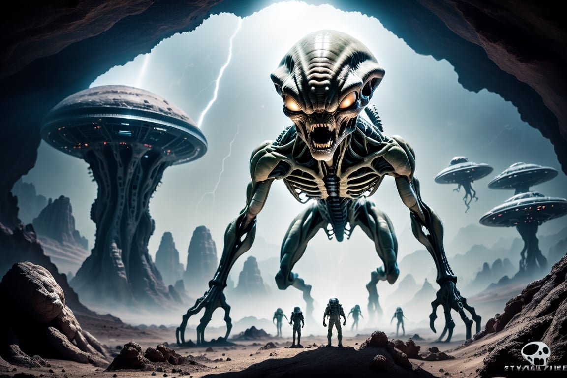 Imagine you are a professional wildlife photographer on an alien world. Capture an image of an alien apex predator that me...