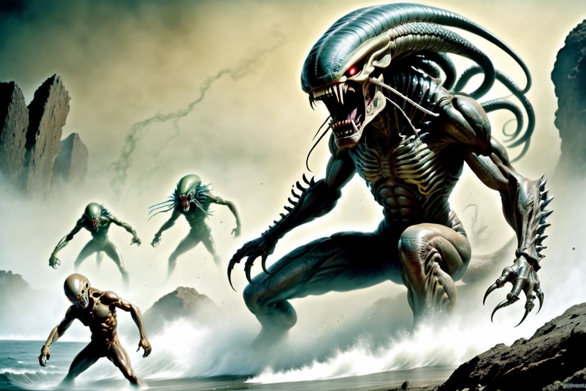 In the style of a professional wildlife photographer capturing a predator in the wild,  create an image of three alien mon...