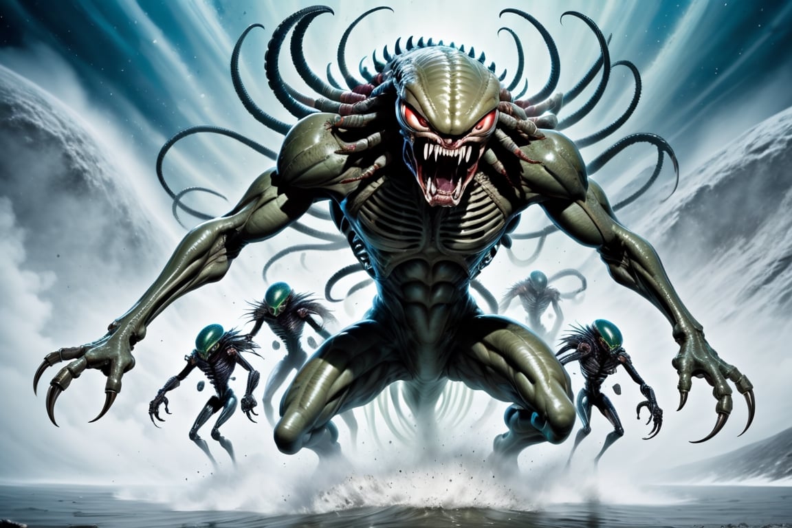 In the style of a professional wildlife photographer capturing a predator in the wild,  create an image of three alien mon...