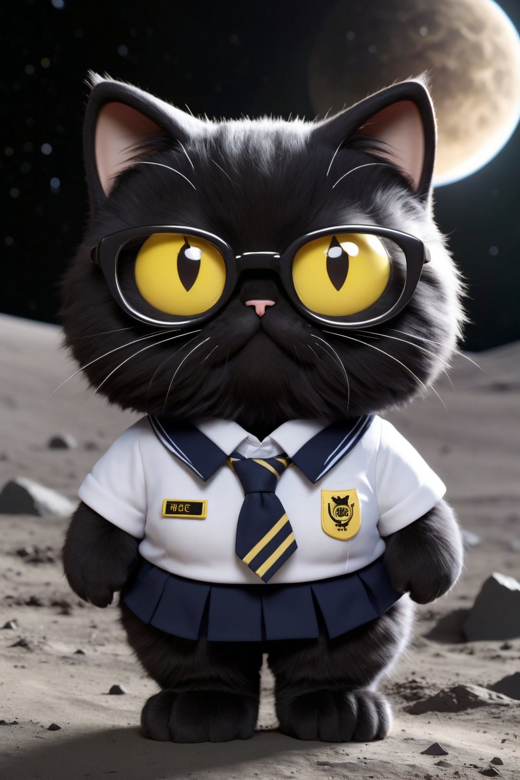 3D, black and yellow eyes, black  hair, long fur, cute, plump cat wearing a school uniform and glasses walking on the moon act like human