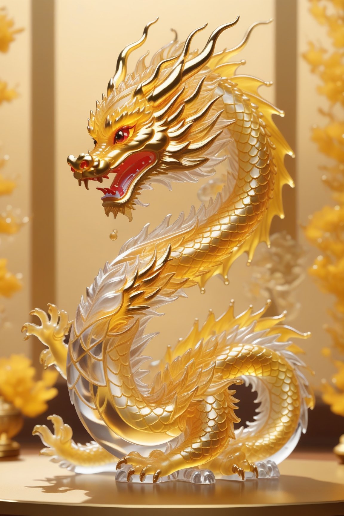 Clear glass skin figurine of a cute Chinese Dragon on a table,full body,aesthetic,wide shot,basic backdrop,highly detailed,sharp focus,rule of thirds,studio photo,trending on artstation,cinematic lighting,gbaywing,Clear Glass Skin,golden dragon