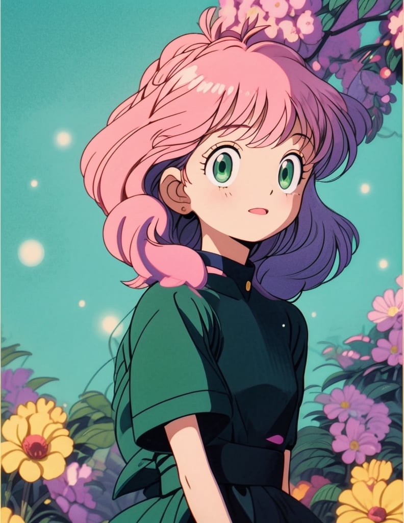 1girl, anya from spyxfamily, surrounded by flowers, peony, sparkle, pink hair, green eyes, black dress, uniform, Studio Ghibli, detailed, beautiful, uhd,T shirt design,ghibli style,TShirtDesignAF, design on white background , cartoon, retro,anya,retro,<lora:659111690174031528:1.0>