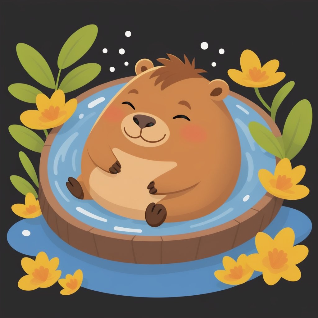 Colorful, flat vector, black background , (((chibi))), creative, capybara, sleeping in hot springs, blank_background, cartoon,Flat Design, 2d,Leonardo Style,flat design