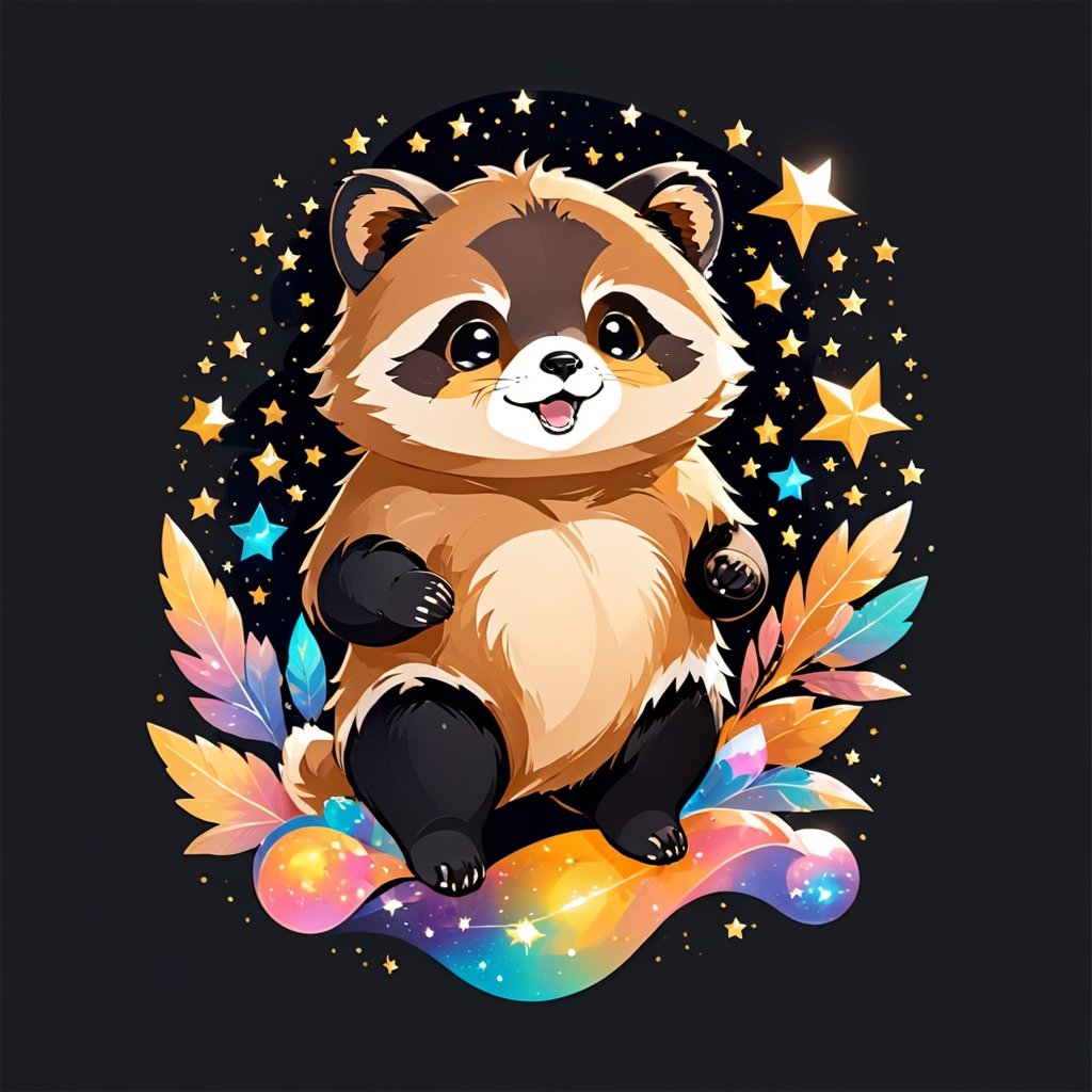 galaxy, sparkles, brown tanuki ,happy, black background, pro vector, full design, solid colors, no shadows, full design, isometric, sticker, pastel colors, tshirt design,more detail, Leonardo Style,tshirt design,vector art illustration