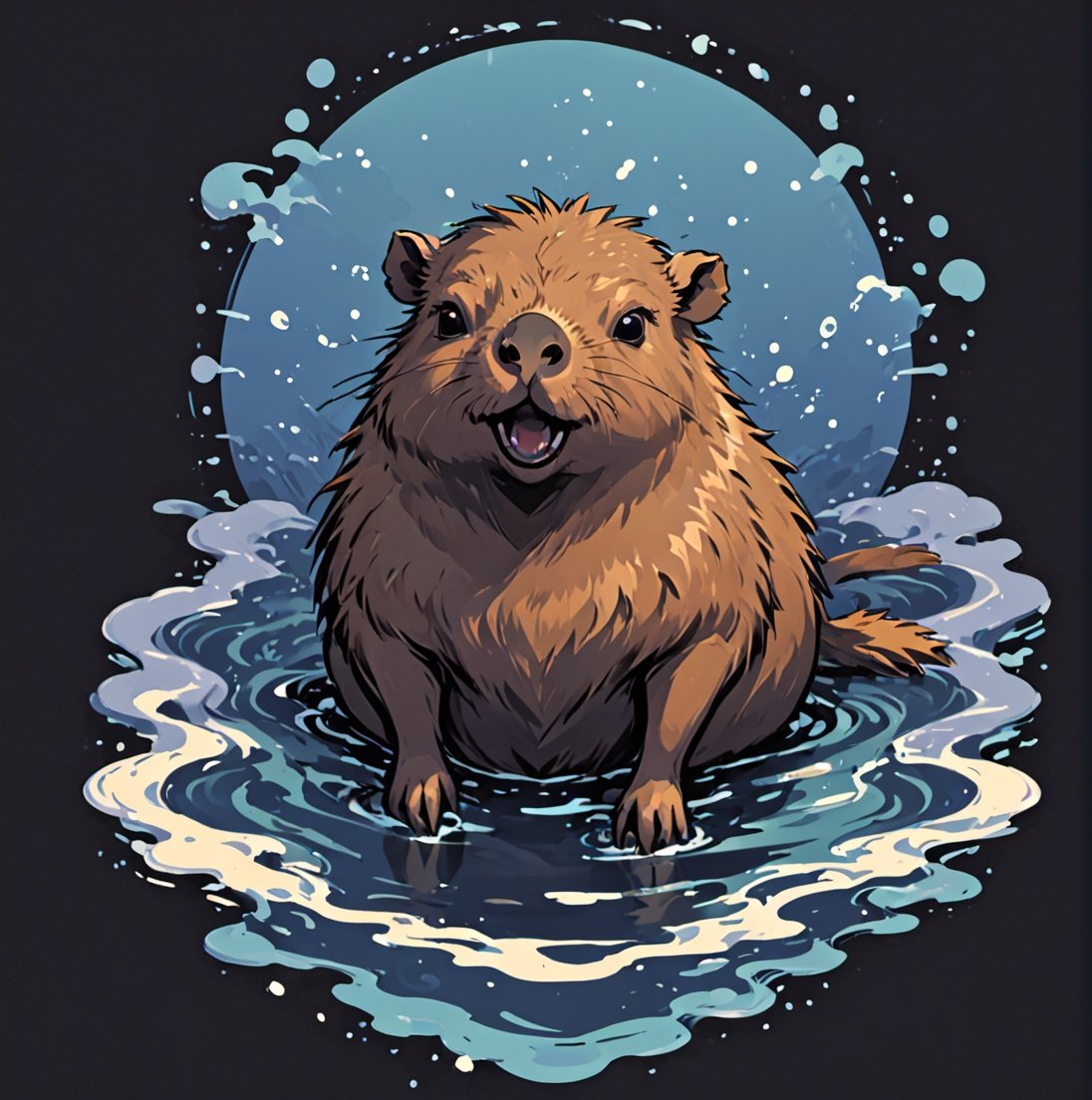 japanese hot springs, mist, water ripples, capybara bathing with eyes closed, black background, pro vector, full design, solid colors, no shadows, full design, isometric, sticker, Leonardo Style,tshirt design,vector art illustration,Flat vector art,T-shirt design illustration,more detail XL