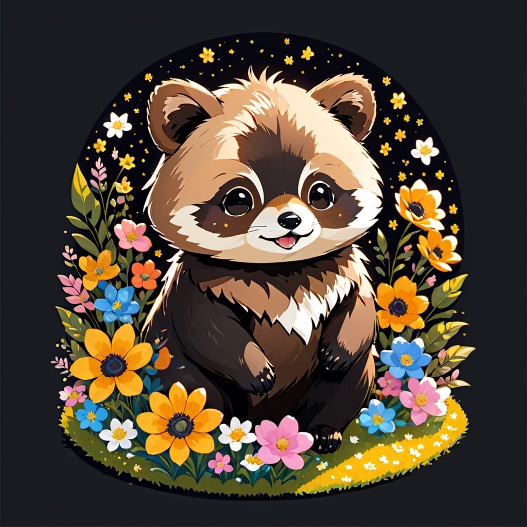 flower field, sparkles, brown tanuki ,happy, black background, pro vector, full design, solid colors, no shadows, full design, isometric, sticker, pastel colors, tshirt design,more detail, Leonardo Style,tshirt design,vector art illustration