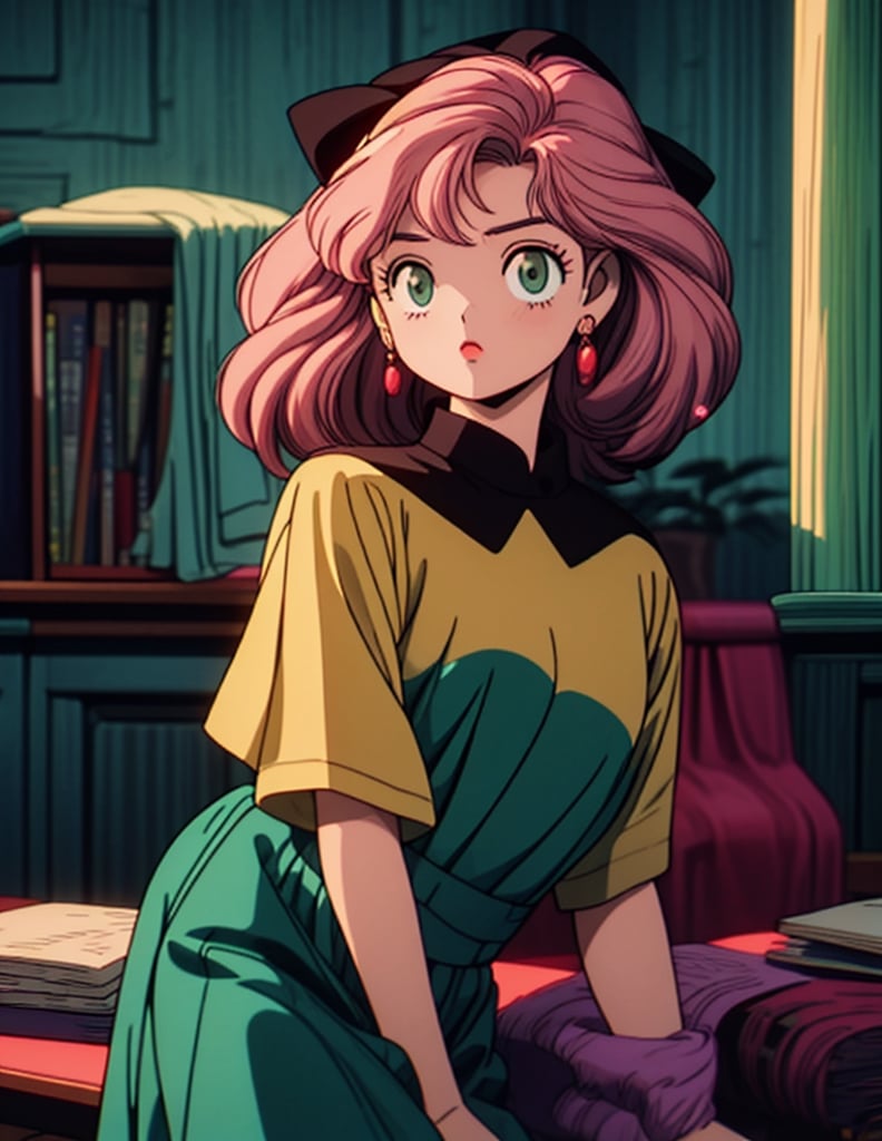 1girl, anya from spyxfamily, in a library, books, sparkle, pink hair, short hair, hair bow, green eyes, black dress, school uniform, black uniform, Studio Ghibli, detailed, beautiful, uhd,T shirt design,ghibli style,TShirtDesignAF, design on white background , cartoon, retro,anya,anya_forger_spyxfamily,<lora:659111690174031528:1.0>