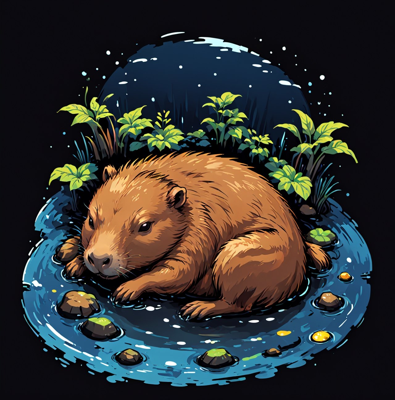 capybara sleeping, hot spring, water ripple, black background, pro vector, full design, solid colors, no shadows, full design, isometric, sticker, Leonardo Style,tshirt design,vector art illustration,Flat vector art,T-shirt design illustration,more detail XL