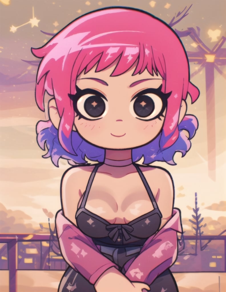 Ramona_Flowers, short hair, black eyes, 1girl,  solo,  mouth closed,  1girl, monochrome, scottpilgrimvstheworld,  short hair, black dress,spaghetti straps, ASU1, stars, sunset, closed mouth, smiling, 