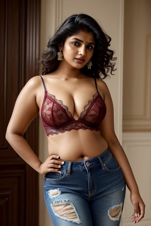 (((Sexy tamil girl))),glamour, (((a chubby tamil indian woman with torn jeans))), a printed T-shirt, short hair and a confident look, a red lipstick, a round big chest, standing straight and looking straight ahead, ((Super-class beauty, super-class sexy beauty)), thigh, a semi-realistic image, Long hair, Beautifull girl, beautifull face, beautifull look, impressionist style Razumov Style, detailed clothing, see-through camisole, beautiful face, intricate artwork masterpiece, high quality model