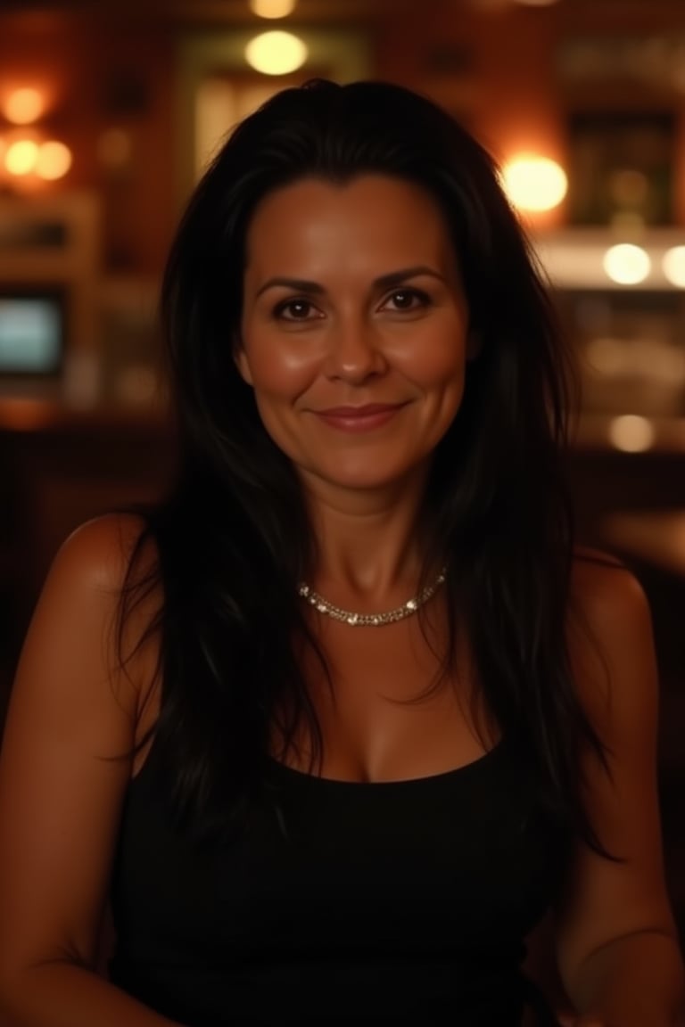 Portrait of Paola, a beautiful 50-year-old woman with long, wavy black hair, wearing a black dress, standing confidently in a dimly lit bar with warm lighting. The background features a bokeh effect, creating a photorealistic and intimate atmosphere.