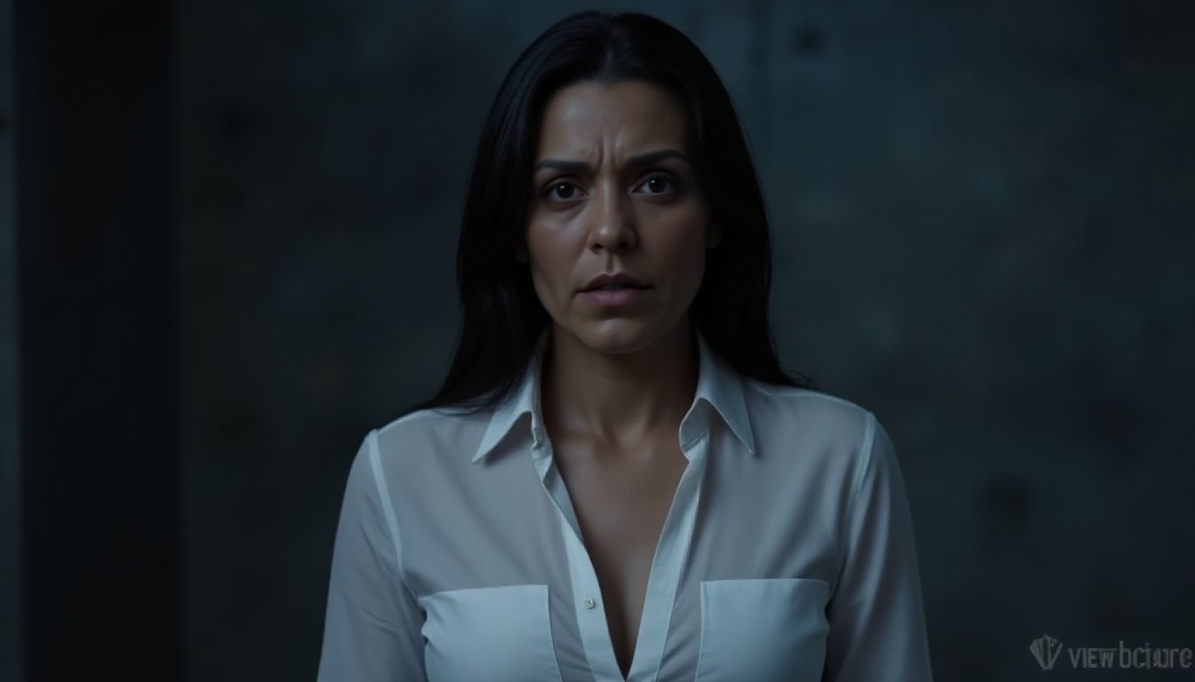 Masterpiece, hyperrealistic, close-up photograph of a woman. ultra-detailed normal skin, high image definition, BREAK. 

Pao, a 40-year-old Italian woman with long straight black hair, standing 1.60 meters tall, moderately curvy body, brown eyes, She wears a white shirt, with some buttons undone, suggesting his attributes in a provocative manner, She is an extremely beautiful and sensual woman, with a worried, fearful expression. BREAK

Abstract background with cold blue tones and deep shadows, creating a tense and threatening atmosphere.