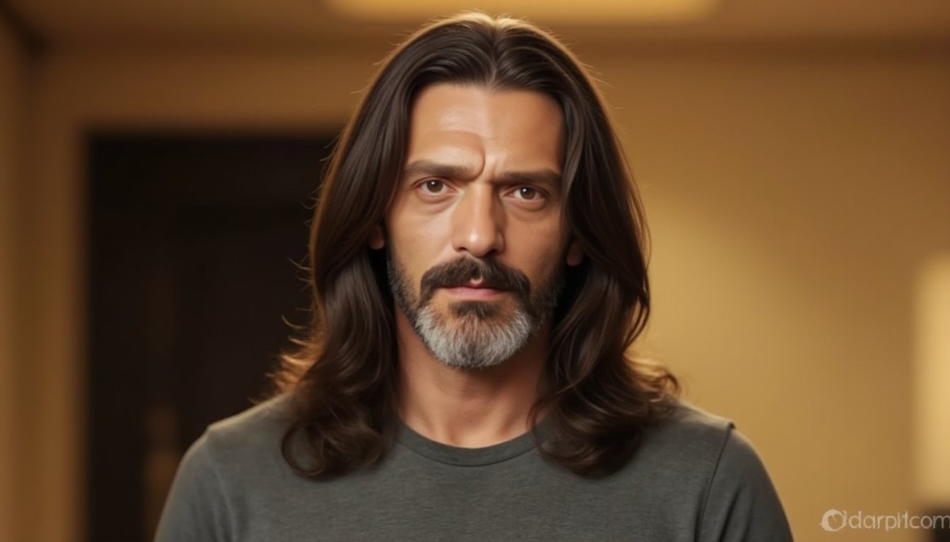 Masterpiece, hyperrealistic, photograph of a man. BREAK.

Gas, a 50-year-old man, with long brown hair down to his shoulder blades, 1.96 meters tall, average build, brown eyes, with a calm and curious expression on his face. He wears a gray t-shirt and worn jeans, BREAK.

Abstract and undefined background, soft lighting, warm tones of yellow and orange, creating a calm and peaceful atmosphere.