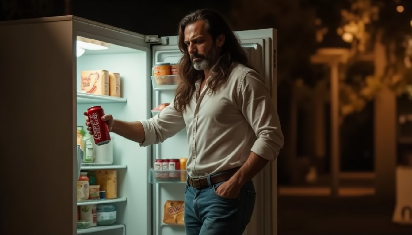 Masterpiece, by Gasty a man walking away from the refrigerator carrying a can of coke which he has started to open. The refrigerator is closed. Gasty is an extremely handsome and extremely virile man, 50 years old, with long brown hair that reaches his shoulder blades, he has a perfect, very masculine and toned body, he wears a white shirt and blue jeans that enhance his masculine attributes. The scene must maintain a warm and soft light that creates subtle shadows, and that denotes tranquility and warmth. Ultra detail, sharpness, depth of field. It is nighttime.