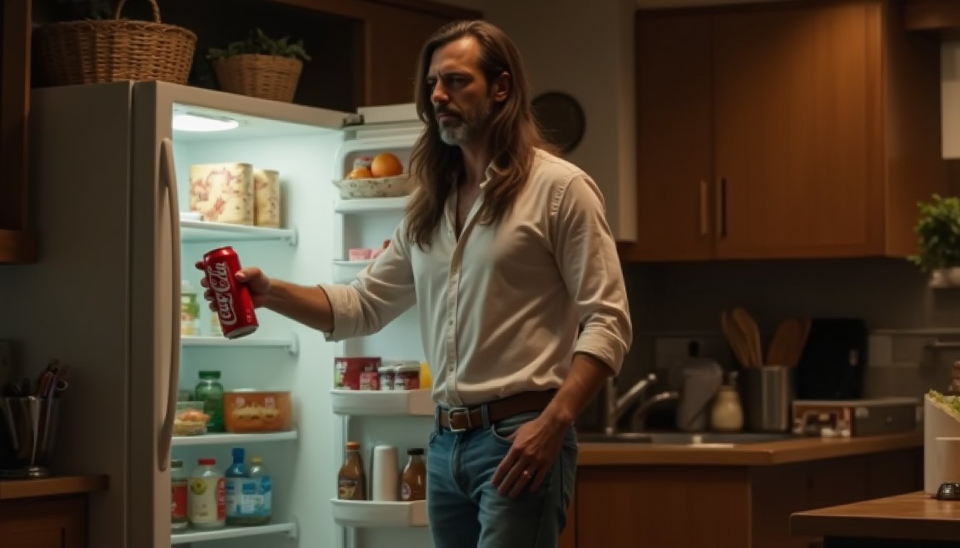 Masterpiece, by Gasty a man walking away from the refrigerator carrying a can of coke which he has started to open. The refrigerator is closed. Gasty is an extremely handsome and extremely virile man, 50 years old, with long brown hair that reaches his shoulder blades, he has a perfect, very masculine and toned body, he wears a white shirt and blue jeans that enhance his masculine attributes. The scene in the kitchen of your cozy family home should be kept in a warm, soft light that creates subtle shadows, and denotes tranquility and warmth. Ultra detail, sharpness, depth of field. It's nighttime.