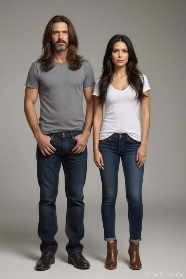 Gas stands tall on the left, his grey t-shirt and jeans a casual contrast to Pao's crisp white top and brown boots on the right. Both gaze directly at the viewer, their features illuminated by soft, natural light. Gas's long, brown locks cascade down his back, while Pao's straight black hair falls like a curtain along her shoulders, framing their profiles against a subtle background.