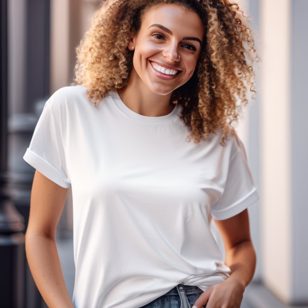 one smiling  woman white tshirt posing for mockups, in the avenue. detailed sharp, flash photo blur, photo, new york city, smiling woman
