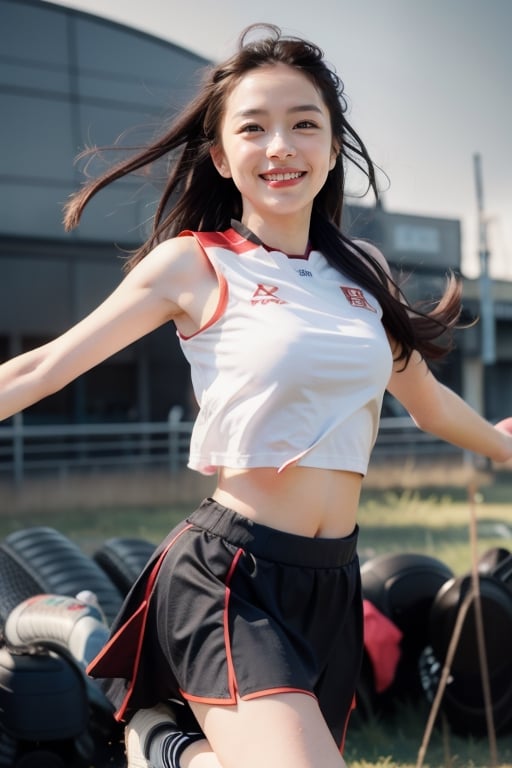 1woman, jumping dance , solo, flying long hair, looking at viewer, smile, simple background, white background, blue and white sports clothes and skirt, soft light, studio light

 (RAW Photo, Best Quality), (HDR: 1.4), 16K, Best Quality, Masterpiece, (Soft Color, Dull Color, Soothing Color tone: 0), fine details and textures, theater lens, wide-angle lens, warm color tone, natural field of view ratio, (gorgeous battlefield theme: 1.6), beauty, (chic appearance: 1.2),Extremely Realistic,