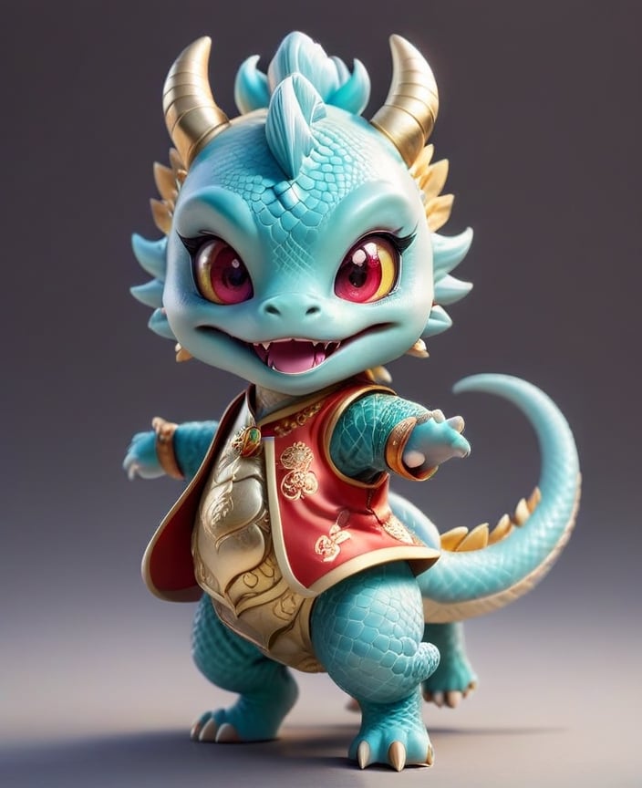  (((dancing)))
Laugh, be happy, smile showing teeth
((cute eyes)) ((round eyes)) (((chubby dragon)))
Chibi light blue and light gold Chinese dragon with golden horns, Chinese dragon head, 
Red and gold cheongsam vest, yellow eyes  
minimalist design, BIG EYES,BIG Anime EYES,CHIBI, Q version