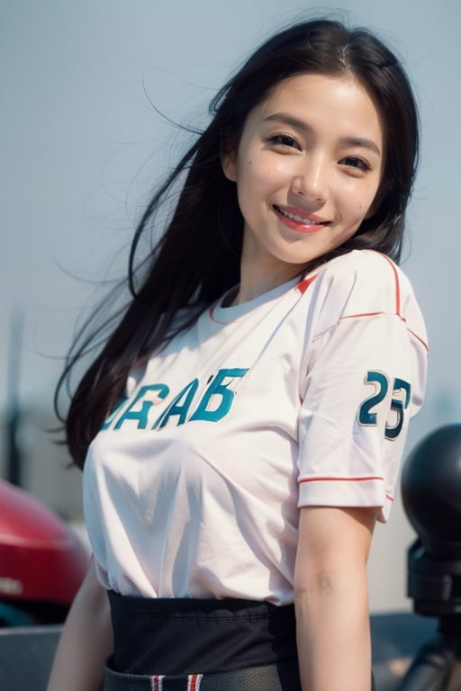 1woman, jumping dance , solo, flying long hair, looking at viewer, smile, simple background, white background, football  jersey shirt,  soft light, studio light

 (RAW Photo, Best Quality), (HDR: 1.4), 16K, Best Quality, Masterpiece, (Soft Color, Dull Color, Soothing Color tone: 0), fine details and textures, theater lens, wide-angle lens, warm color tone, natural field of view ratio, (gorgeous battlefield theme: 1.6), beauty, (chic appearance: 1.2),Extremely Realistic,