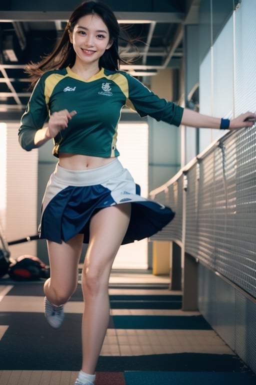 1woman, running forward pose, solo, flying long hair, looking at viewer, smile, simple background, white background, blue and white sports clothes and skirt, soft light, studio light

 (RAW Photo, Best Quality), (HDR: 1.4), 16K, Best Quality, Masterpiece, (Vivid Color: 1.4), High Contrast, (Vivid Color: 1.3), (Soft Color, Dull Color, Soothing Color tone: 0), theater lighting, ambient light, fine details and textures, theater lens, wide-angle lens, warm color tone, (bright and intense: 1.2), natural field of view ratio, (gorgeous battlefield theme: 1.6), beauty, (chic appearance: 1.2),Extremely Realistic,