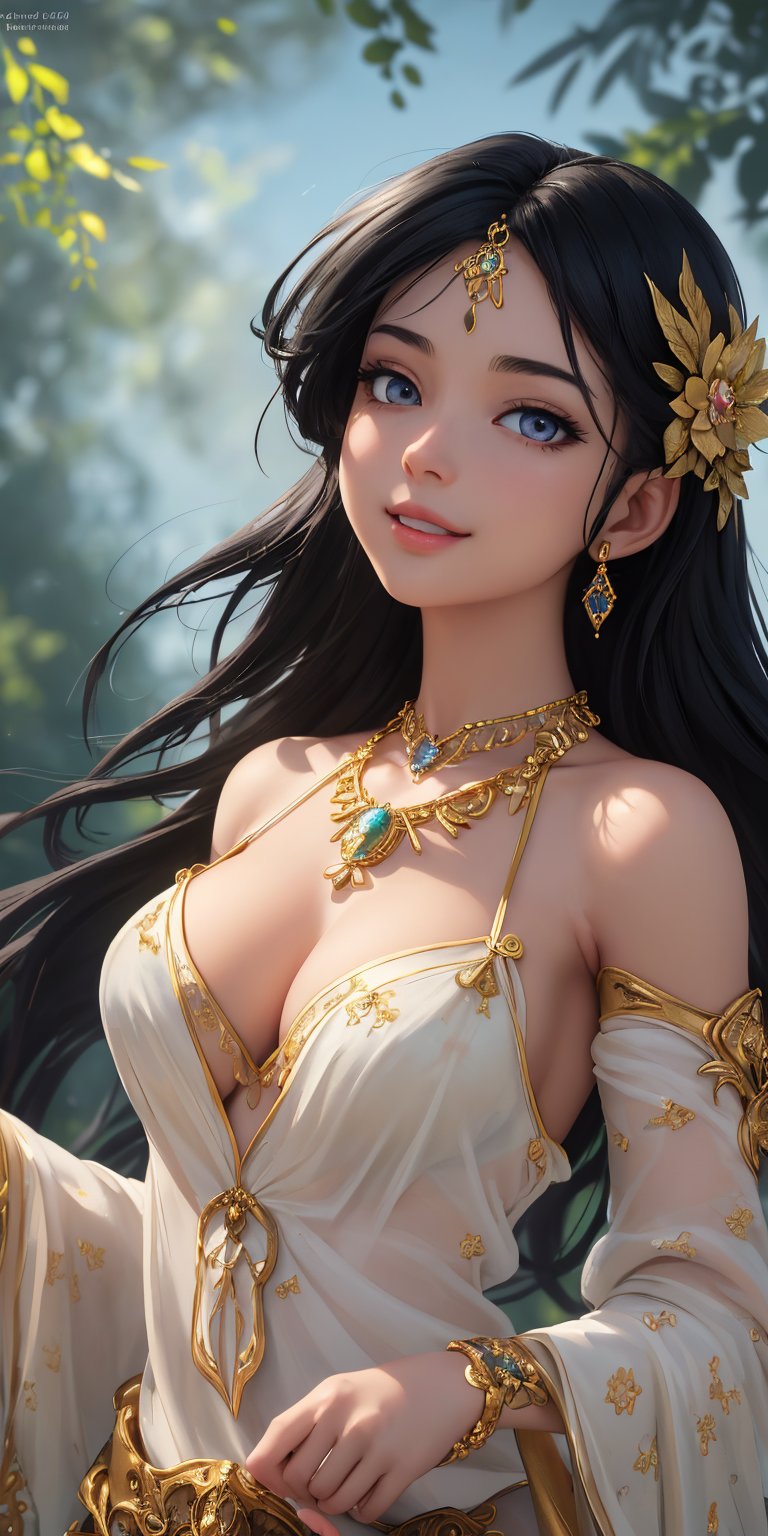 (best quality, masterpiece, ultra detailed, 8K, RAW photo), 
an oil paintiing of a beautiful student model, eye contact,beautiful detailed dark eyes, lipgloss, kind smile, graceful pose, flowy black hair, expressive prestigous blouse with azure fish patterns, glowing jewelries, ornate gold necklace, fantasy style, soft brush strokes, vibrant colors, delicate features, soft natural light, subtle shading, summer fesitval background, 