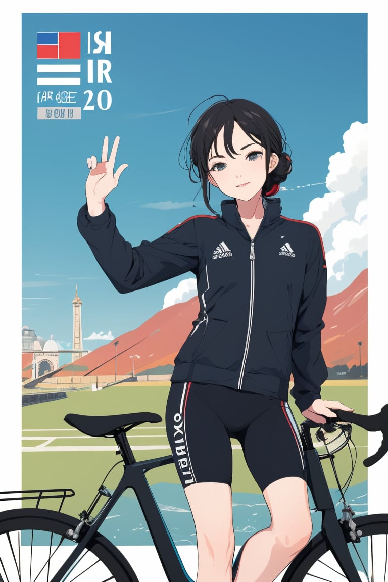 a chest up advertising poster of a beautiful student model in morden road bicycle suit,  long black hair with blue streak...