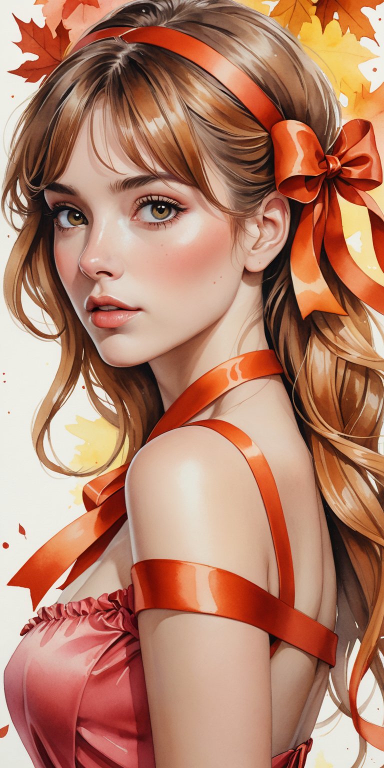 (masterpiece, best quality, ultra-detailed, 8K),highres, high detail, realisitc detailed,highres,sharp focus, 
watercolor, a beautiful woman, shoulder, hair ribbons, half body portrait, extremely luminous bright design, ink, pastel colors, autumn lights