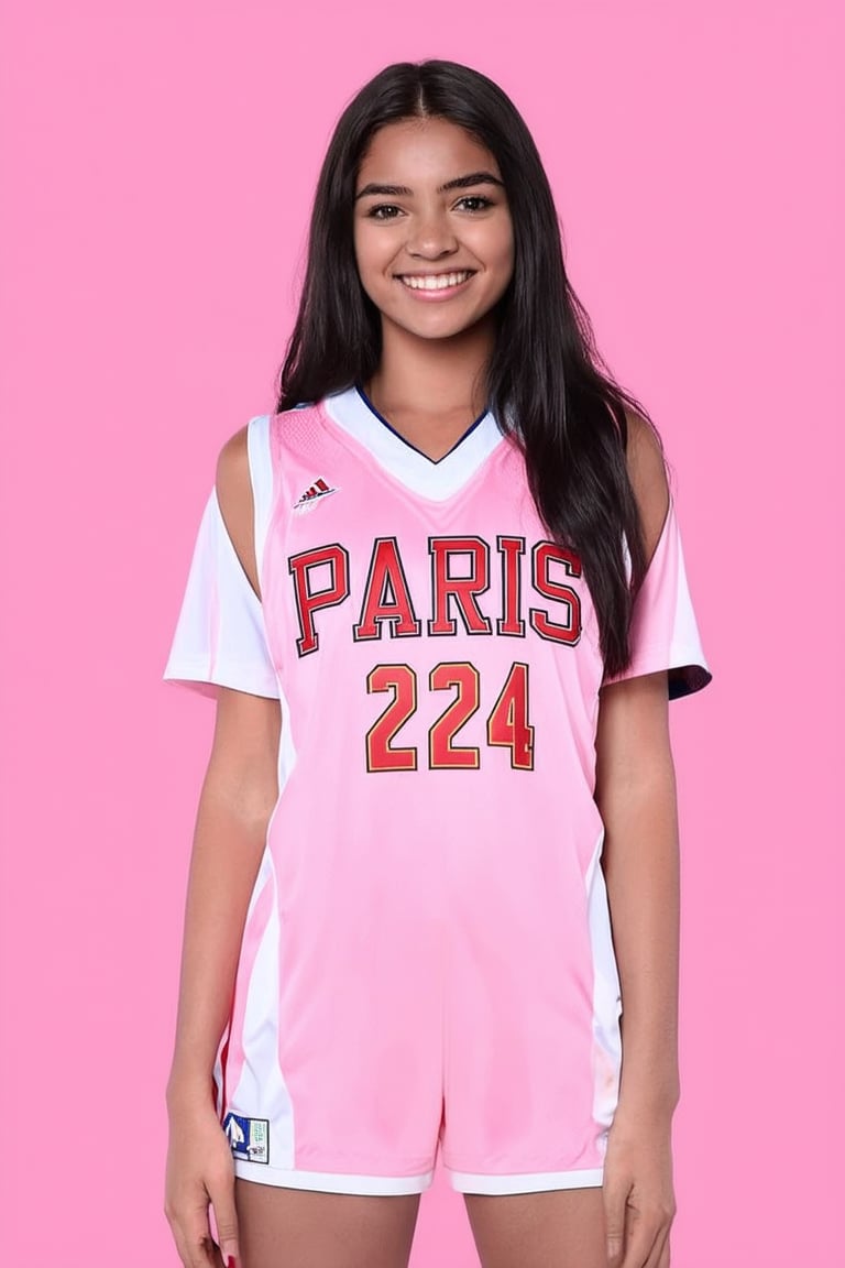 a chest up portrait of a beautiful student model in morden basketball uniform, long dark hair, kind smile, soft pale skin,  lively pose, beautiful bold typograhy of text: 'PARIS 2024', casual street bg,  in only four colors, pink background,