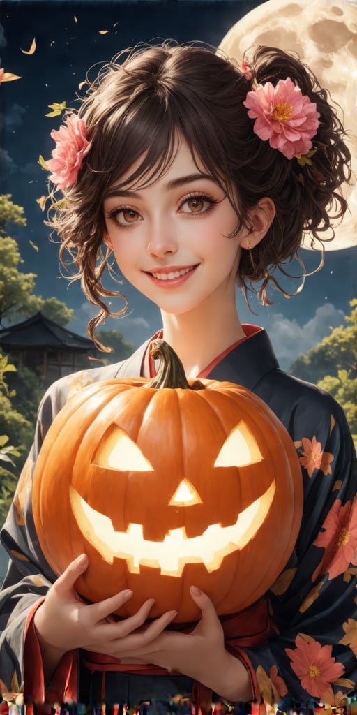 (best quality, masterpiece, ultra detailed, 8K, RAW photo), ,high details, realisitc detailed,ultra realistic,absurdres, best aesthetic, 
an oil paintiing of a beautiful student model showing a glowing jack o'lantern, eye contact,beautiful detailed eyes, lipgloss, kind smile, graceful pose,
pink flowers in the hair soft curly hair, fluffy bangs, pony tail, brown hair, ((Yukata)), cool and light linen fabrics, beautiful floral patterns, unique patterns, vibrant colors, traditional Japanese patterns, traditional Japanese landscapes, Obi should be thick (obiage and obijime) and tied in a gorgeous knot, long sleeves, wide collar,  full moon in the epic sky, moonlight, japanese festivals,
fantasy style, soft brush strokes, vibrant colors, delicate features, halloween vibes,colorful,