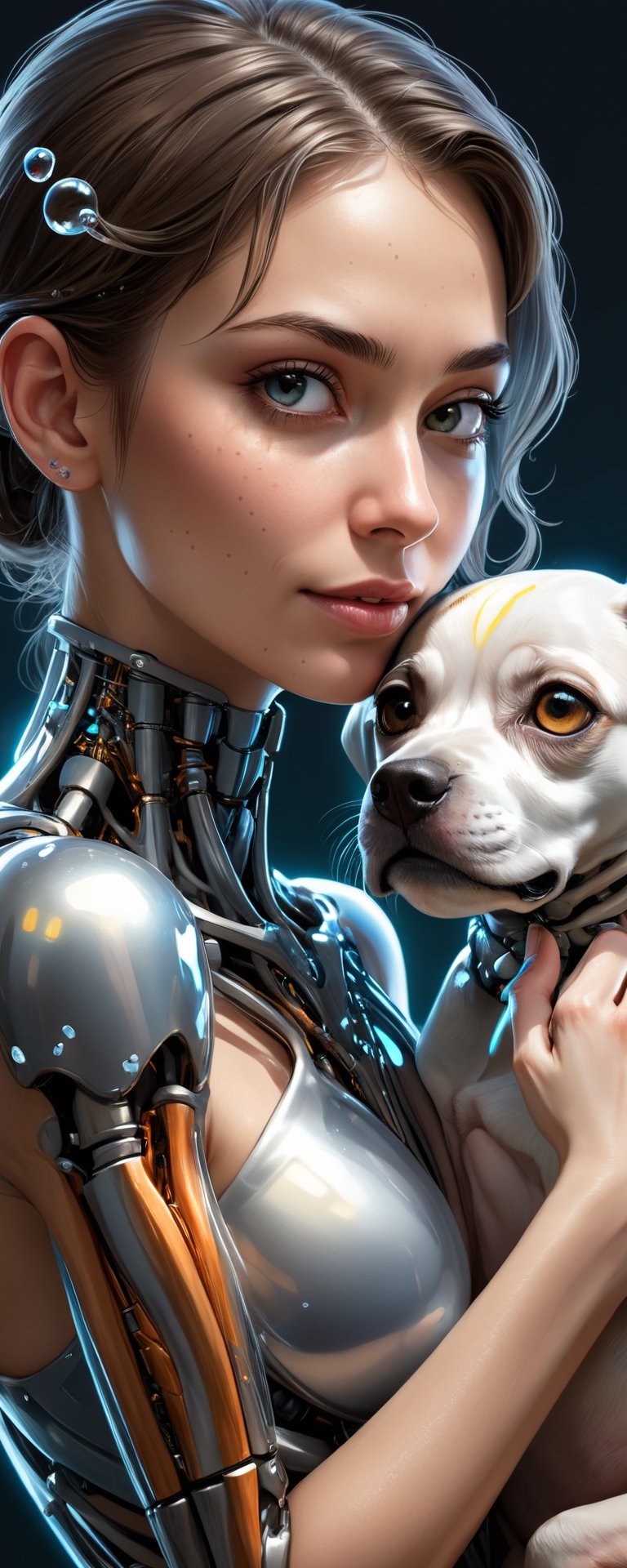 (best quality, masterpiece, highres, ultra-detailed, 8K, RAW image),high details, realisitc detailed,ultra realistic,
a beautiful young woman cyborg cuddling a puppy, 23yo, glowing eyes,upperbody photo of a beautiful female figure boasting transparent skin revealing her colorful metal skeleton beneath, inlit by a stark white studio light casting an intricate shadows, eye contact, kind smile, lipgloss, bliss, willowy, chiseled, (perfect anatomy, prefecthand, dress, long fingers, 4 fingers, 1 thumb), dynamic pose,glass shiny style,made of water bubbles,chrometech,surface imperfections,cinematic_warm_color,colorful,