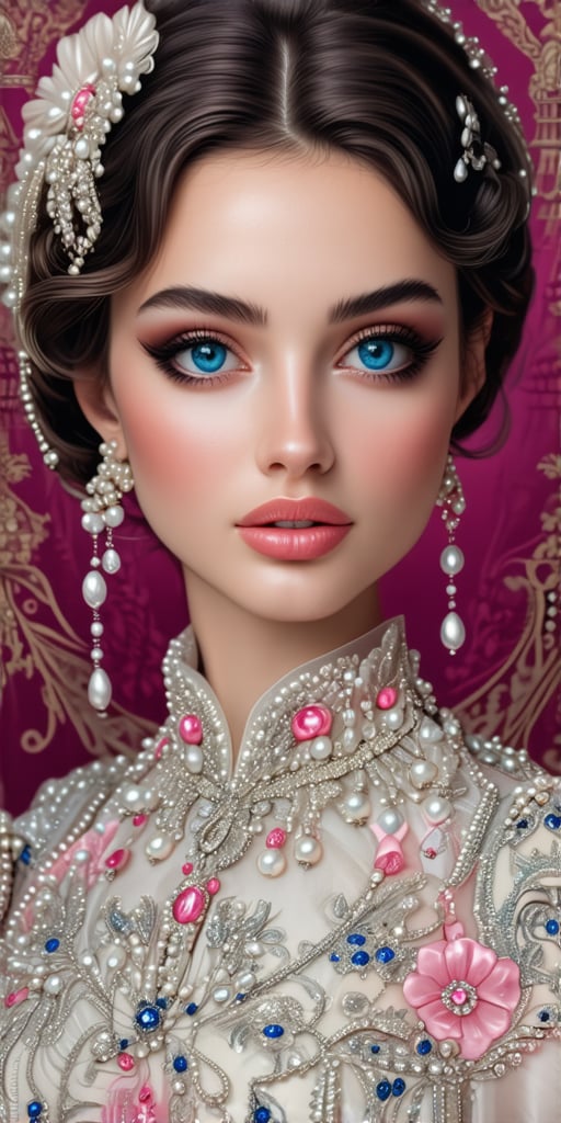 (best quality, masterpiece, ultra-detailed, flat colors, 8K, magazine cover design), a flat color illustration of a stunning young woman with striking azure eyes. Her delicate makeup enhances her natural beauty, with soft highlights on her full lips. Her hair is elegantly styled in soft curls, adorned with small, lustrous pearls, contributing to her graceful and refined look. She is wearing an exquisite, intricately designed dress with delicate floral embroidery, adorned with pearls and gemstones in soft shades of pink and silver. The flat color palette emphasizes clean lines and smooth shading, adding to the modern, elegant aesthetic of the cover. The overall composition is balanced, with the focus on the woman's striking features and ornate attire, giving the magazine a luxurious and sophisticated visual appeal.
