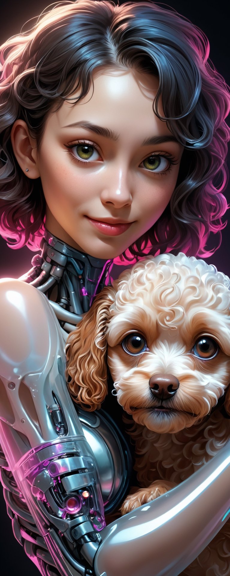 (best quality, masterpiece, highres, ultra-detailed, 8K, RAW image),high details, realisitc detailed,ultra realistic,
a beautiful young woman cyborg cuddling a toy-poodle puppy, 23yo, glowing eyes,upperbody photo of a beautiful female figure boasting transparent skin revealing her colorful metal skeleton beneath, inlit by a stark white studio light casting an intricate shadows, eye contact, kind smile, lipgloss, bliss, willowy, chiseled, (perfect anatomy, prefecthand, dress, long fingers, 4 fingers, 1 thumb), dynamic pose,glass shiny style,made of water bubbles,chrometech,surface imperfections,cinematic_warm_color,colorful,