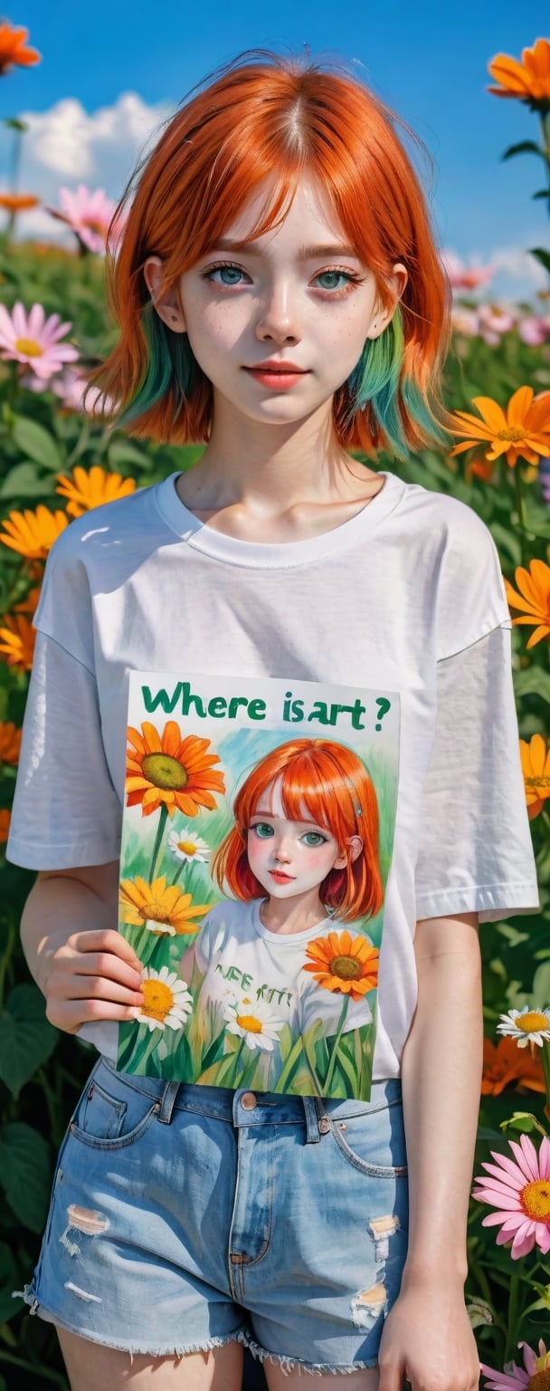 (masterpiece, best quality, ultra-detailed, 8K),high detail,
a young student model holding her Poster with the text ("Where Is Art?":1.6), wearing white T-shirts and short denim in blooming meadow, green iridiscent eyes,orange hair,kind simile,bliss,joyful,cute,charming,,colorful,modelshoot style,color art,<lora:659095807385103906:1.0>