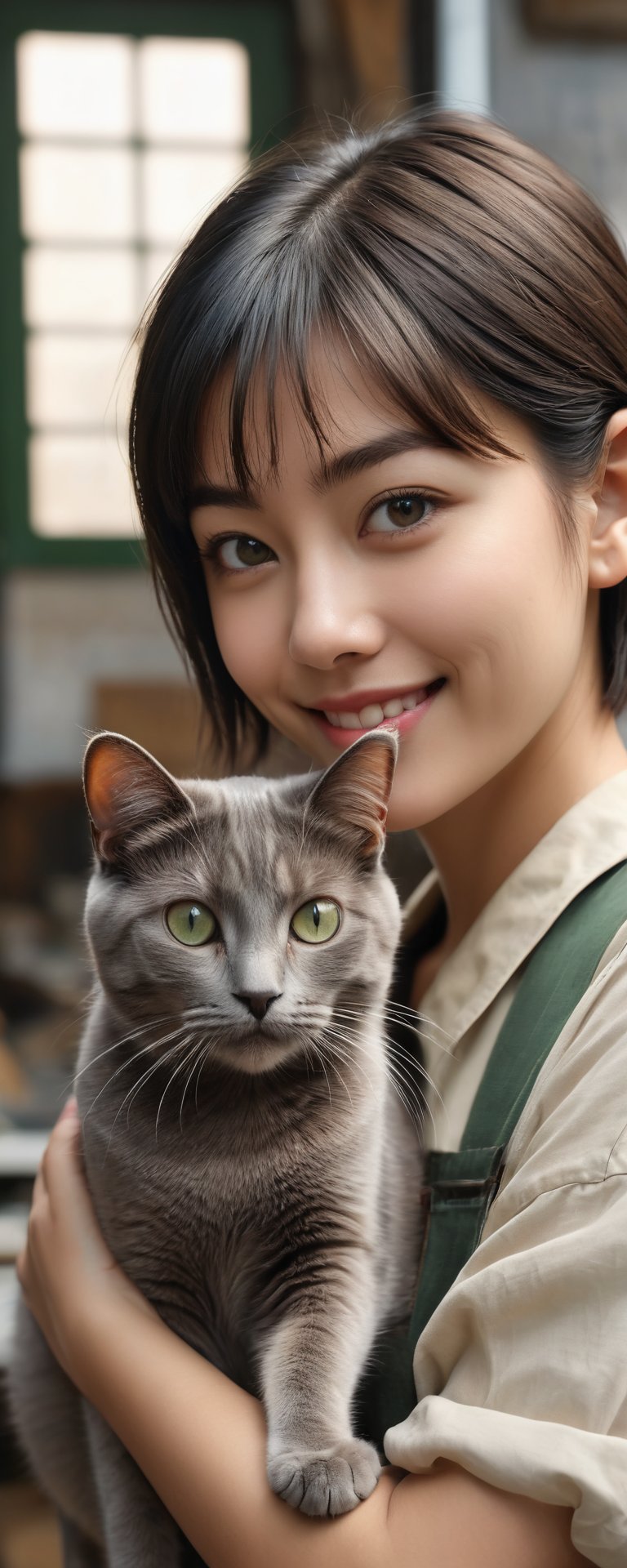 (masterpiece, best quality, ultra-detailed, 8K),highres, high detail, realisitc detailed, highres,
 a beautiful art student holding a gray cat in an old art studio, kind smile,lipgloss,realistic detailed cat, beautiful cat,
beautiful eyes, eye contact, bob cut, dark brown hair with dark green streak hair, bright flawless skin, vintage background,art tools, paper rolls, vintage coffee cups, golden hour,