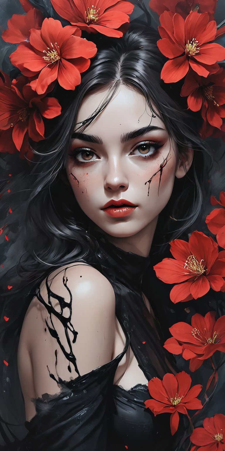 ((best quality)), a close up red/black line art of a beautiful young diva in ecstacy over surrounded by flowers and dark shadowy smoke from Firebird. The art includes splatter drippings, paper texture, palette knife painting. The artwork should be centered, stylized, and elaborate, with a beautiful outfit, gorgeous eyes, and a dynamic pose. rendered in 8K resolution for high-quality detail.