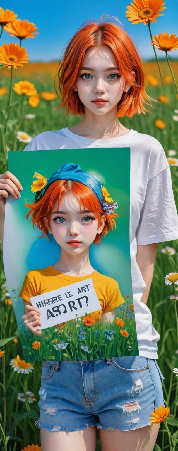 (masterpiece, best quality, ultra-detailed, 8K),high detail,
a young student model holding her Poster with the text ("Where Is Art?":1.6), with perfect female body, slim,wearing white T-shirts and short denim in blooming meadow, green iridiscent eyes,orange hair,kind simile,bliss,joyful,cute,charming,,colorful,modelshoot style,color art,<lora:659095807385103906:1.0>