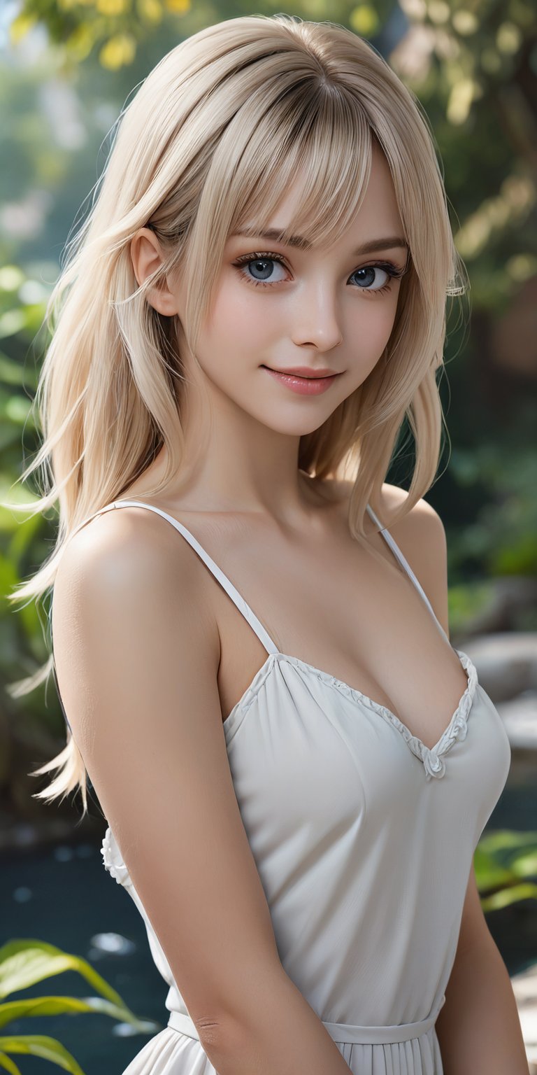 (masterpiece, best quality, ultra-detailed, 8K),highres, high detail, realisitc detailed,highres,sharp focus, 
a medium half-length shot of a beautiful student model, shinny milk beige hair, perfect anatomy, very cute smile, (azure eyes), eye contact, dynamic pose, soft natural lighting, , appropriate shading beautiful face, wearing a simple white camisole, water garden background,curiously complete, elegant, concept art, detailed hairstyles