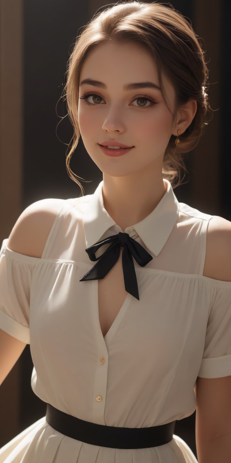 (best quality, masterpiece, ultra detailed, 8K, RAW photo), a beautiful promissing model, black bracelet, white dress shirt, black neck ribbon, black high-waist skirt, soft skin, eyeshadow, long eyelashes, honey - colored eyes, lipgloss, kind smile, gold necklace, gold earrings, soft lighting, ambient lighting, sidelighting, realistic detailed, pure perfection, divine presence, unforgettable, impressive, breathtaking beauty, Volumetric light, auras, rays, vivid colors reflects, colorful