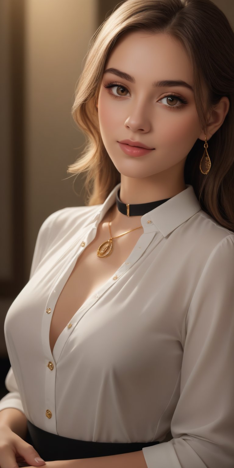 (best quality, masterpiece, ultra detailed, 8K, RAW photo), a beautiful promissing model, black bracelet, white dress shirt, black neck ribbon, black high-waist skirt, soft skin, eyeshadow, long eyelashes, honey - colored eyes, lipgloss, kind smile, gold necklace, gold earrings, soft lighting, ambient lighting, sidelighting, realistic detailed, pure perfection, divine presence, unforgettable, impressive, breathtaking beauty, Volumetric light, auras, rays, vivid colors reflects, colorful