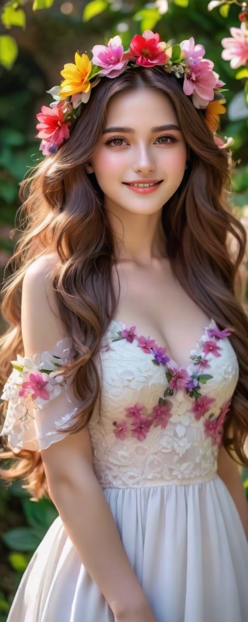 (masterpiece, best quality, ultra-detailed, 8K),high detail,
a beautiful young woman with long flowy hair, colorful wreath, brown eyes, orcelain skin, flawless complexion, rosy lips, luscious mouth,kind smile, realistic flower white dress, elegant colorful outfits,
warm tone, soft lighting, dynamic shadows,blooming lush garden background, 
depth of field,
,colorful,<lora:659095807385103906:1.0>