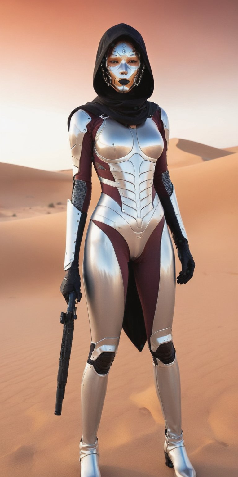 A striking, futuristic image of a girl adorned with cybernetic enhancements, standing strong amidst a desolate desertlandscape. Her armor is a masterful blend of metallic and organic elements, with her hooded mask seamlessly integrating into her overall attire. She holds a high-tech weapon with a sleek design, reflecting the amalgamation of sci-fi and desert motifs. The backdrop reveals a vast, barren wasteland, with sand dunes stretching as far as the eye can see and a blood-red sky casting an eerie glow on the scene