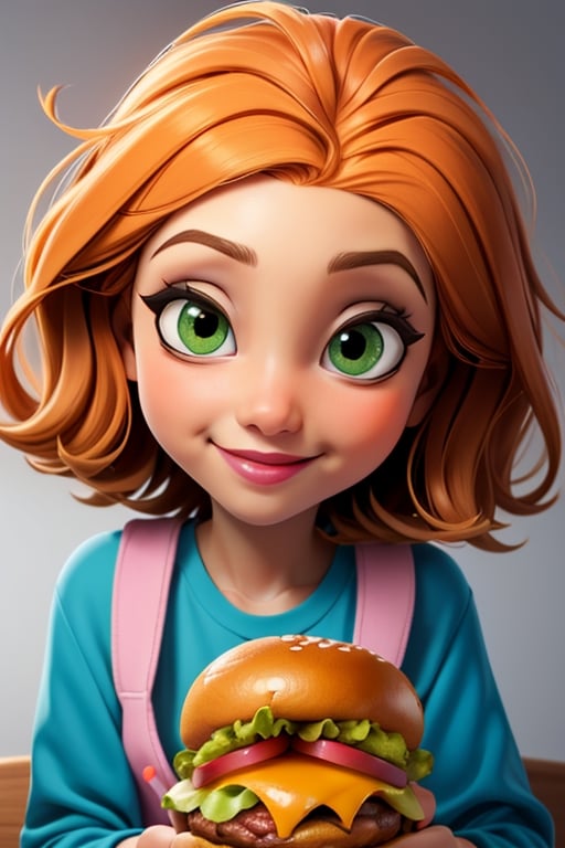 1 beautiful girl, short orange hair, big green eyes, cartoon eyes, wearing a blue shirt, close-up, smilling, holding a burger, perfect face, masterpiece, perfect composition, ultra-detail