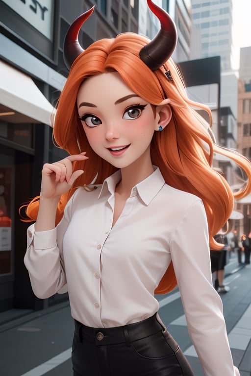 sexy girl, two little red horns on the top of her head, delicate features, red skin, orange long hair, spiky haircut, wearing a white long sleeve shirt, black pants, perfect face, perfect body, posing, city backgorund ,gwen stacy