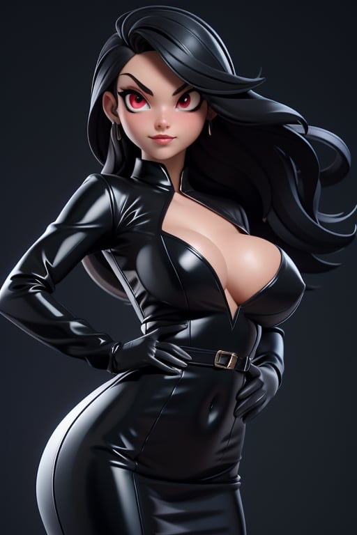 1 sexy girl, long black hair, beautiful look, perfect face, sassy face, red eyes, black latex dress big cleavage, sleveless, long black gloves, dynamic pose, masterpiece, simple background