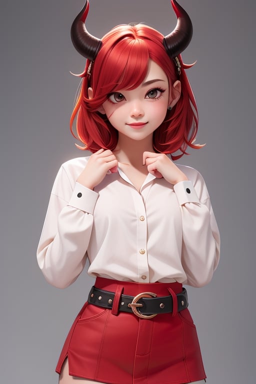 sexy girl, two small horns in the forehead, delicate features, red skin, red hair, spiky haircut, wearing a white long sleeve shirt, black miniskirt and red belt, perfect face, perfect body, posing, simple backgorund 