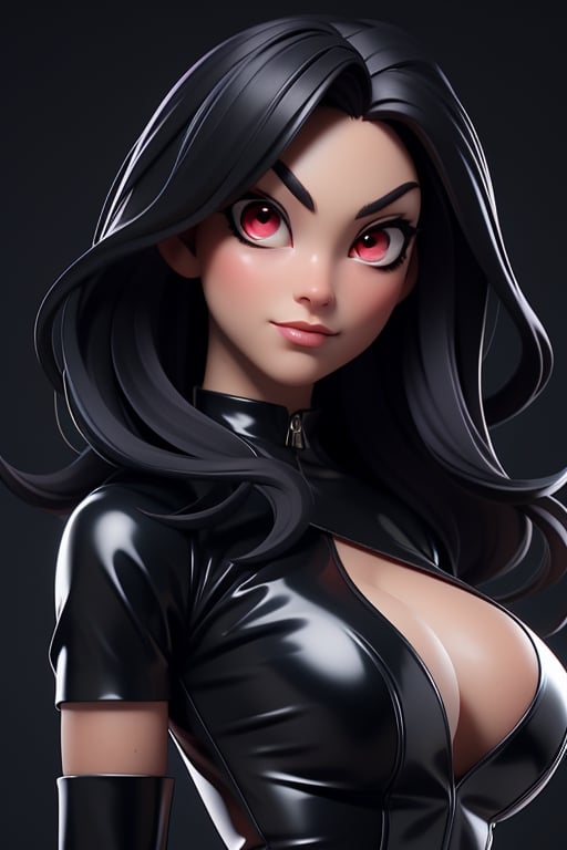 1 sexy girl, long black hair, beautiful look, perfect face, sassy face, red eyes, black latex dress big cleavage, sleveless, long black gloves, dynamic pose, masterpiece, simple background